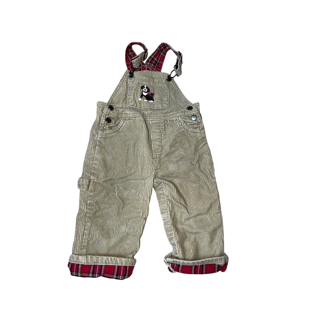 The children's place tan corduroy bib overalls puppy dog and red plaid size 12 m
